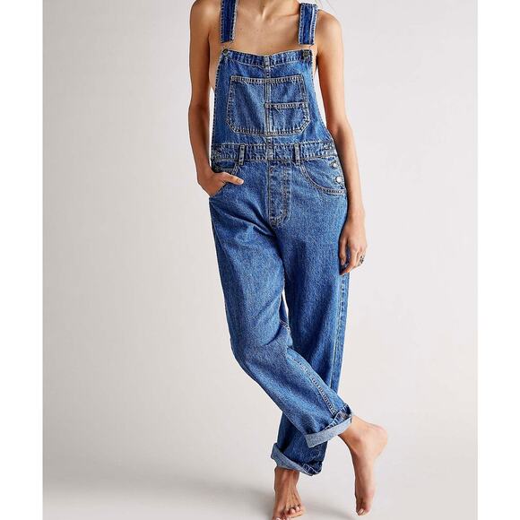 Free People Overalls Womens Large Ziggy We the Free Blue Denim Relaxed Bib - Picture 2 of 11
